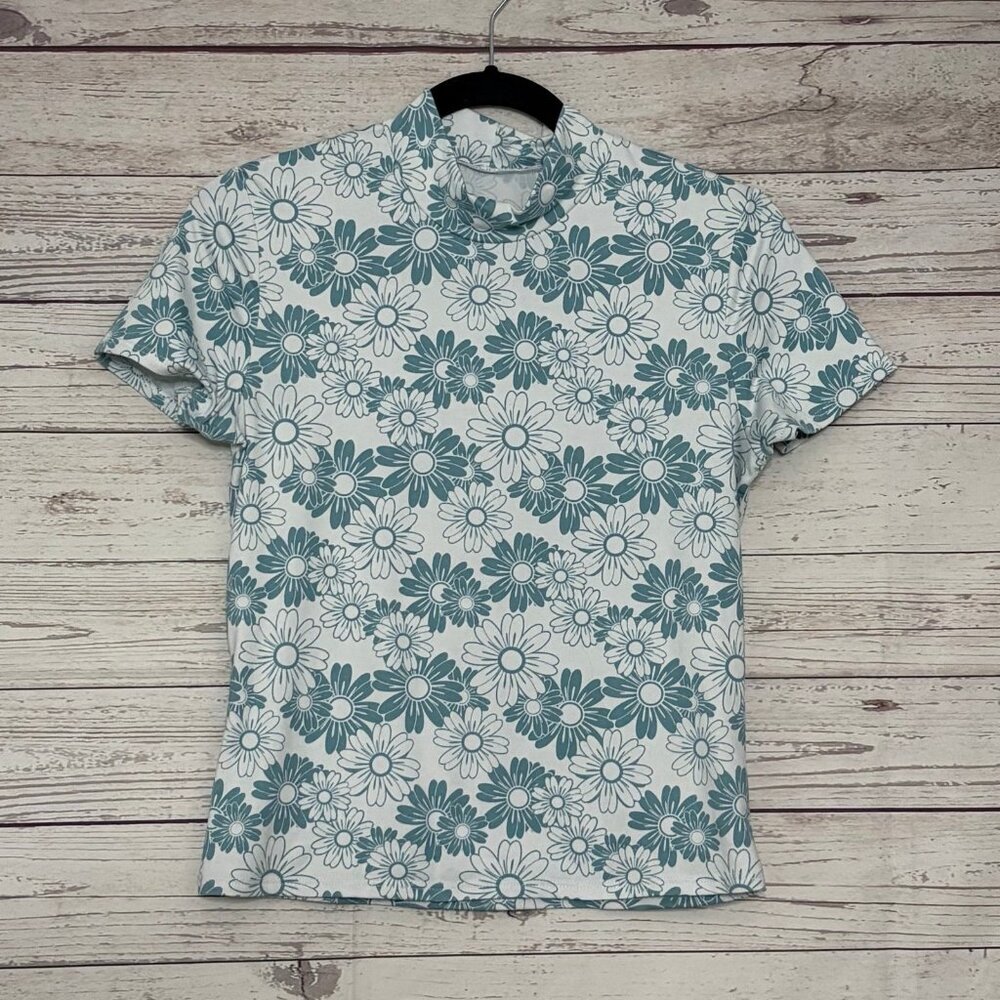 Unbranded White/Turquoise Flower Mock Neck Top‎ Small